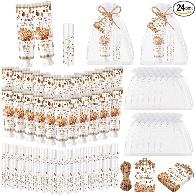 24 Set Fall Cutie Pie Baby Shower Hand Cream Lip Balm Gift Baby Shower Party Favors Maple Leaf Baking Travel Size Hand Lotion Lip Balm with Organza Bag Birthday Party Supplies for Guest Kids