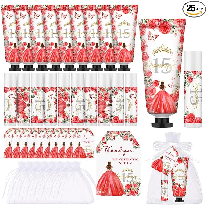 Leelosp 25 Set/100 Pcs Quinceanera Party Favor for Guest with Travel Size Hand Cream, Lip Balm, Card, Organza Bags Quinceanera Gift Set Sweet 15th Party Supply Birthday Souvenir(Red)