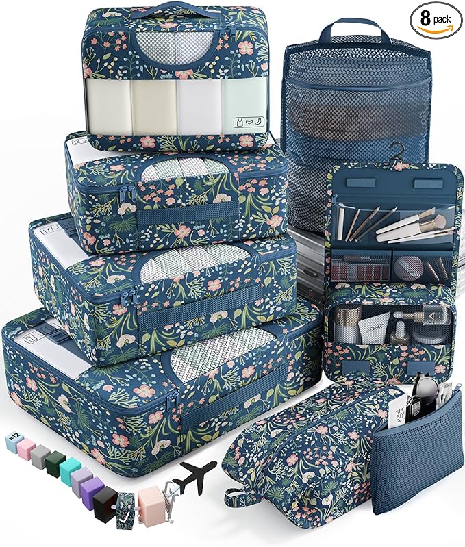 Veken 8 Set Packing Cubes for Travel Essentials, Suitcase Organizer Bags in 4 Sizes, Carry-On Luggage Accessories with Large Laundry Bag & Passport Holder, Must-Have for Airplane, Road Trip & Camping