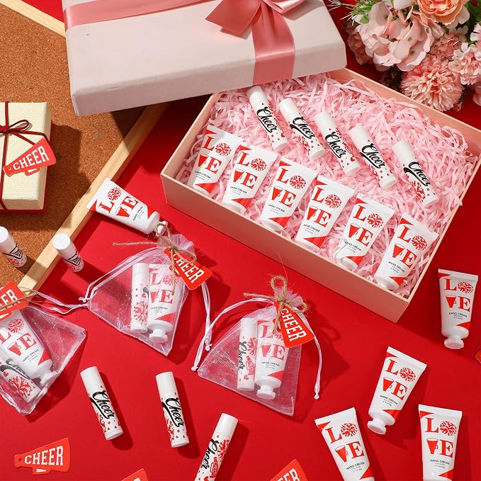 144 Pcs Red Cheer Lip Balm Hand Cream Set Party Favors Cheer Teams Camp Gifts Include 36 Lip Balm 36 Moisturizing Hand Cream 36 Bags 36 Cards and Ropes for Guest Party Supplies Accessories