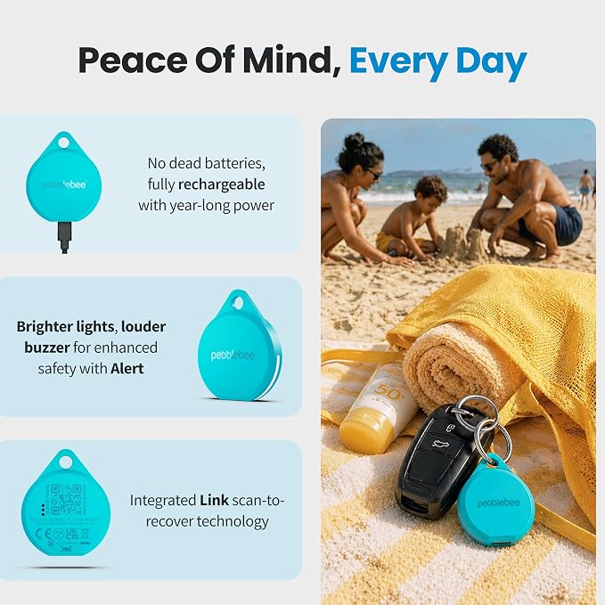 Pebblebee Clip 5 | Rechargeable Bluetooth Tracker Tag for Keys | Alternative to Air Tag & Android Trackers | 130 dB Siren, Bright LED Strobe, 12-Month Battery, Alert Safety Mode | Tidal Cyan