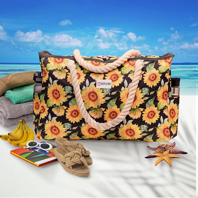 Beach Bag and Pool Bag Has Cooler Pocket, 7 Pockets Total, Zip Top. Family Size Waterproof Beach Tote