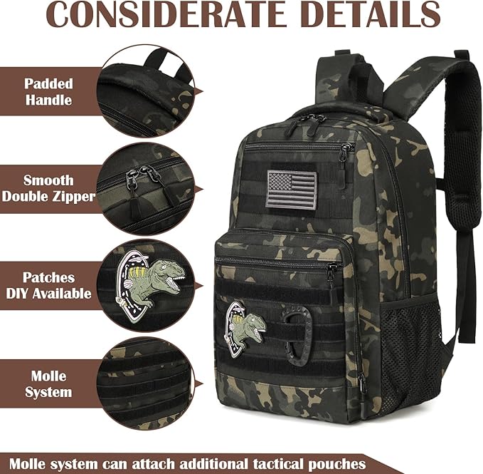 Kids Tactical Backpack Army Molle Bookbag Military Boys Backpack for School, Outdoor, Camping, Black CM