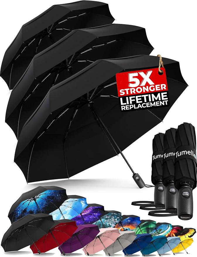 TUMELLA Strongest Windproof Travel Umbrella (Compact, 100MPH Wind-Tested), Light, Portable, One-Handed Use, Automatic Folding Rain Umbrella, Durable, Premium Grip, Fits Car & Backpack