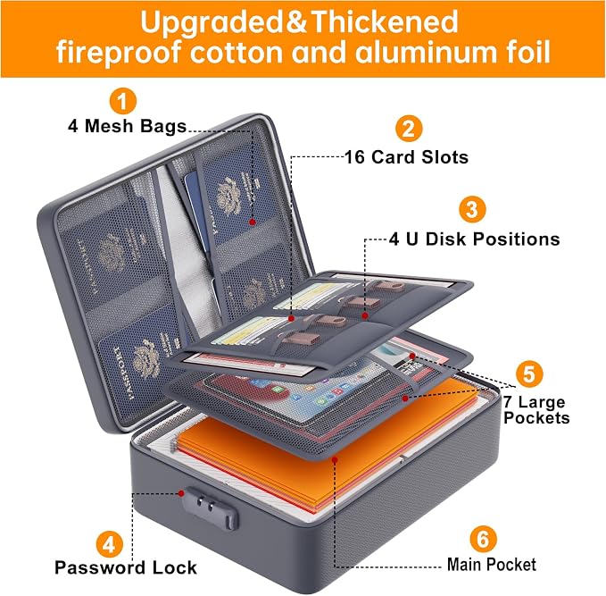 DocSafe 5200°F Document Organizer with Lock,Upgraded Heat Insulated Fireproof＆Waterproof Box 8 Layers File Organizer,Portable Home Travel Safe Storage for Important Documents, Files,Gray (Soft) | Heat Insulated 8 Layers File Protection Bag,Water-Resist...