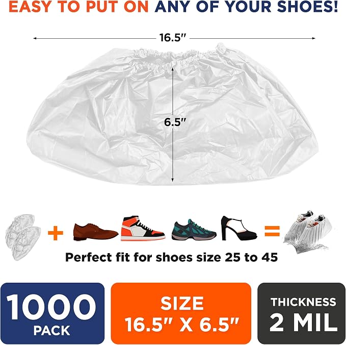 EZGOODZ White Indoor Shoe Covers Disposable Non Slip, 16.5 x 6.5 Inch. 1000 Pack Shoe Booties Disposable. 2 Mil CPE Disposable Booties for Shoes Covers. Waterproof Surgical Boot Covers for Outdoor