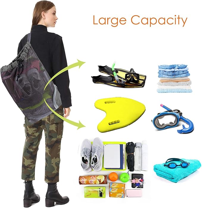 BeeGreen Mesh Drawstring Bag Swim Backpack for Beach Pool Sports Gym Draw String Cinch Bags for Swimming Soccer Basketball Gear Grey