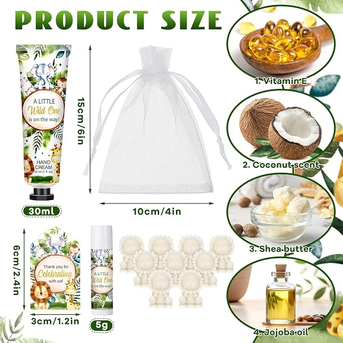 Loopeer 30 Set/150 Pcs Jungle Safari Baby Shower Favors for Guests Gifts Hand Cream Lip Balm Soap Party Favors Travel Size with Bags, Thanks You Card for Games Prizes Souvenirs