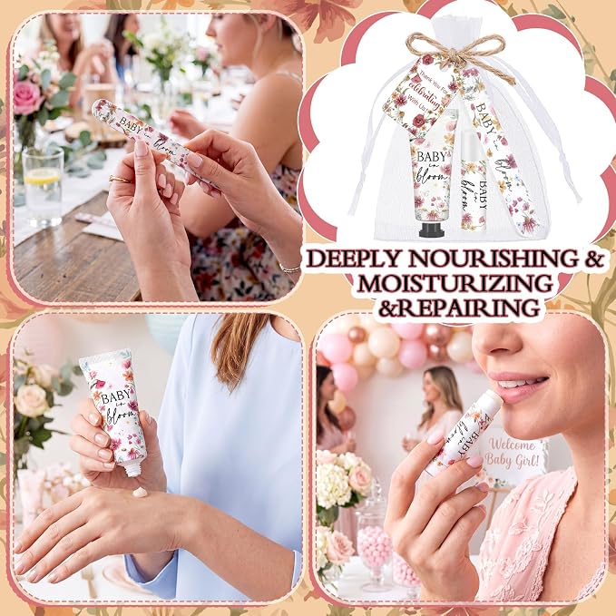 Leelosp 24 Sets Baby in Bloom Wildflower Baby Shower Hand Cream and Lip Balm Gift Bulk Spring Wildflower Travel Size Hand Lotion Lip Balm Nail File Gifts Set Wedding Party Supplies for Guests