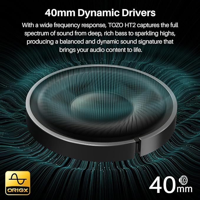 TOZO HT2 Hybrid Active Noise Cancelling Headphones, Wireless Over Ear Bluetooth Headset, 60H Playtime, Hi-Res Audio Custom EQ via App Deep Bass Comfort Fit Ear Cups, for Home Office Travel