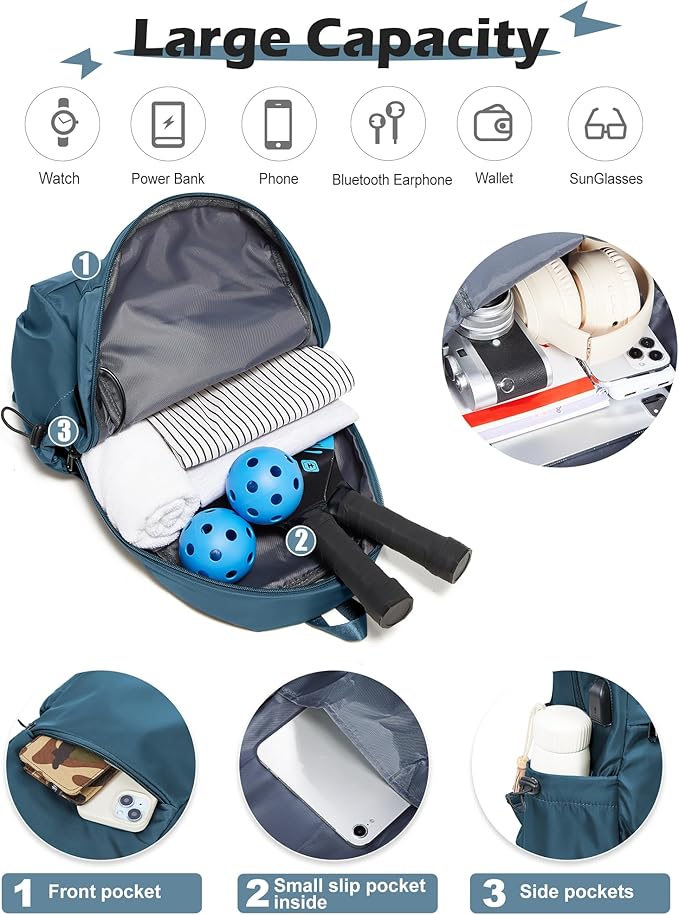 SEAFEW Large Blue Sling Pickleball Crossbody Sling Bag - Men's & Women's Pickleball Sports Backpack with Water Bottle Holder, Adjustable Pickleball