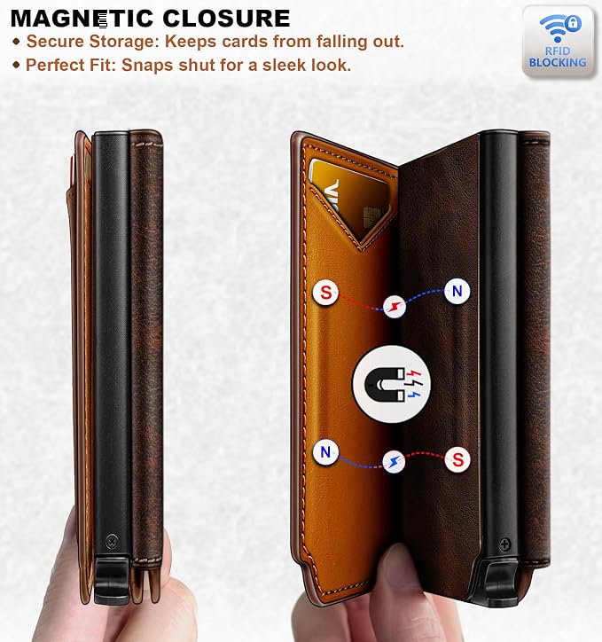 BULLIANT Men Wallet Leather Wallet Card Holders Money Clip for Men 10Cards-Magnetic Flip on Metal Case