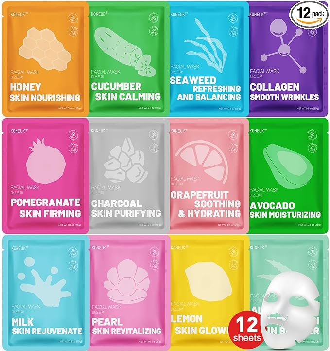 KONEUK 12 Pack Collagen Hydrating Face Masks Skincare, Sheet Face Mask for All Skin Types, Facial Masks Set for Women Skin Care, Face Mask Bulk Spa Gifts for Women