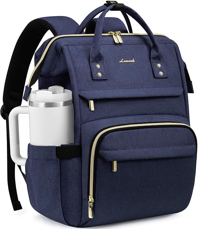 LOVEVOOK Laptop Backpack for Women with Giant Tumbler Holder Pocket,17 inch Waterproof Travel Backpack Purse Computer Laptop Bag,Professional Work College Nurse Teacher Backpack Daypack,Dark Blue