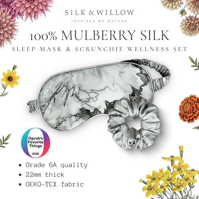 SILK & WILLOW - Botanical Print Pure Mulberry Silk Eye Mask & Scrunchie Gift Set, Luxurious Sleep Eye Mask & Hair Accessory Bundle, Durable Nature-Considerate Wellness Gifts for Women, Woodgrain