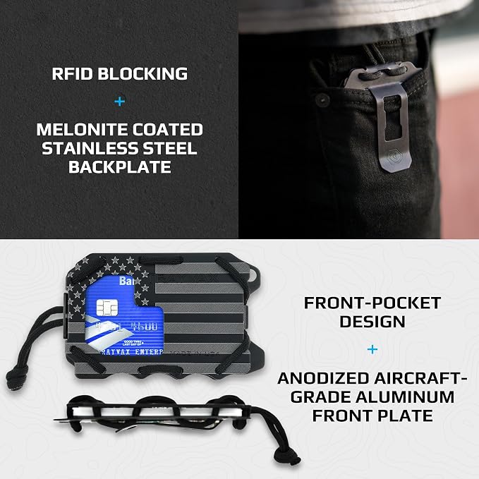 Trayvax Original 2.0 Wallet, RFID Front Pocket Tactical Metal Credit Card Holder with Money Clip, Slim Minimalist Wallet for Men and Women, Black Patriot