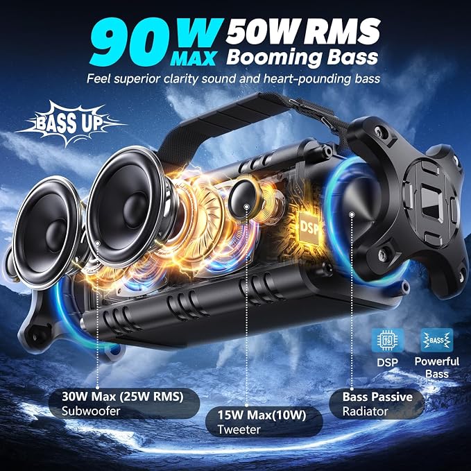 W-KING Bluetooth Speaker Loud, 90W Max IPX6 Waterproof Portable Outdoor Speaker, 50W Deep Bass Subwoofer/40H/EQ/Dual Pairing/TF/AUX, Large Boombox Wireless Speakers for Home, Party, Camping, Beach