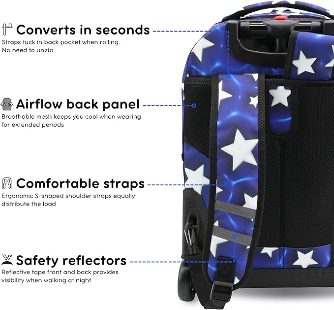 J World Sunrise Kids Rolling Backpack for Girls Boys. Roller Bookbag With Wheels For School, Puffy Star
