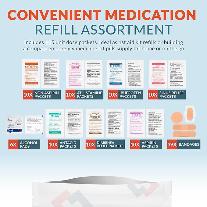 Epic Medical Supply First Aid Kit Medication Refill 115-Count Unit Dose Packets Alcohol Pads & Bandages Emergency Medicine Kit Pills 1st Aid Kit Refill Travel Camping Assembled in USA (115 Pieces)
