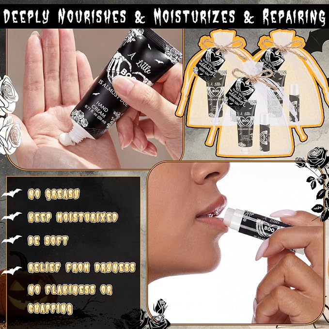 24 Sets Halloween Little Boo Baby Shower Hand Cream Lip Balm Gift Gothic Baby Shower Party Favors Travel Size Hand Lotion Lip Balm with Organza Bag Tag Halloween Party Supplies for Guest Kids