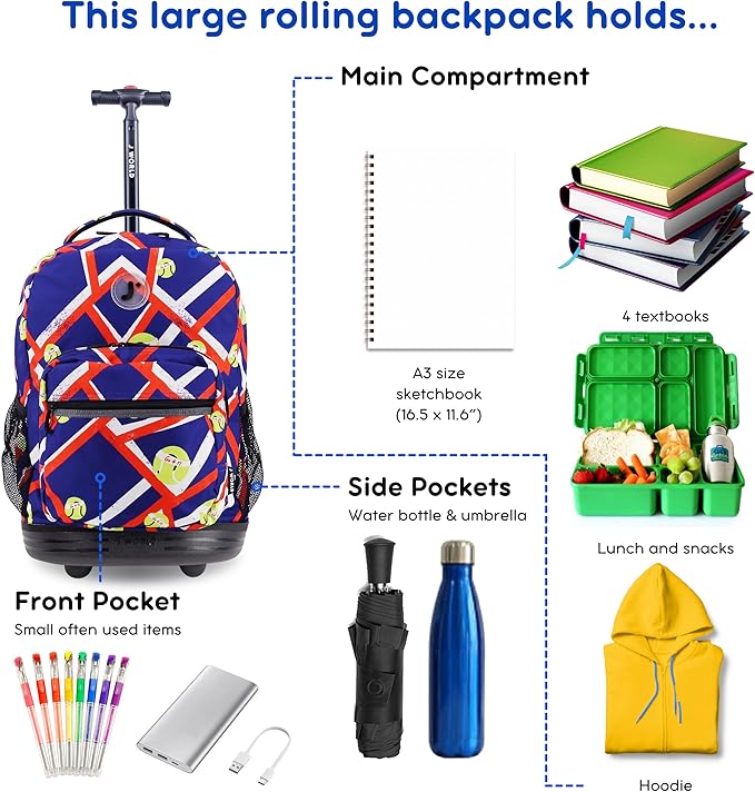 J World Sunrise Kids Rolling Backpack for Girls Boys. Roller Bookbag With Wheels For School, Tennisy