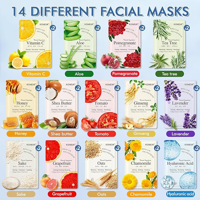 KONEUK 28 Pack Sheet Face Masks Skincare, Hydrating Face Masks Suitable for Sensitive Skin, Bulk Facial Mask Gifts Set for Women Skin Care, Home Skincare Spa for All Skin Types