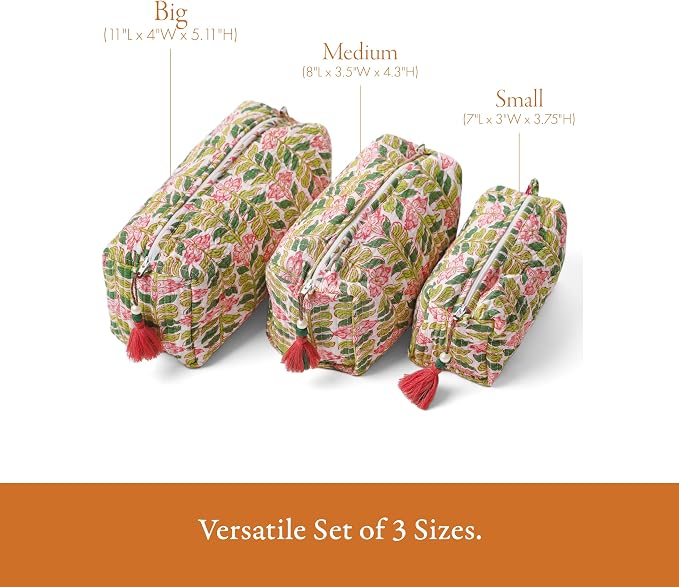 Saffron Marigold Quilted Makeup Bag Set of 3, Hand Block Printed Cotton Cosmetic Bags for Women, Waterproof Lined Travel Toiletry Bag, Coquette Aesthetic, Handmade Gift, Madagascar Periwinkle Vanilla