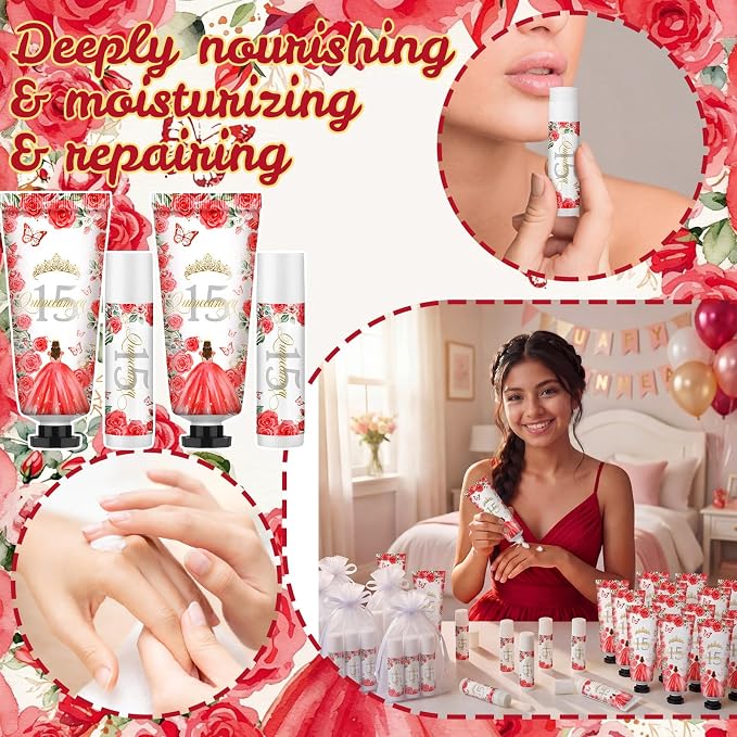 Leelosp 25 Set/100 Pcs Quinceanera Party Favor for Guest with Travel Size Hand Cream, Lip Balm, Card, Organza Bags Quinceanera Gift Set Sweet 15th Party Supply Birthday Souvenir(Red)