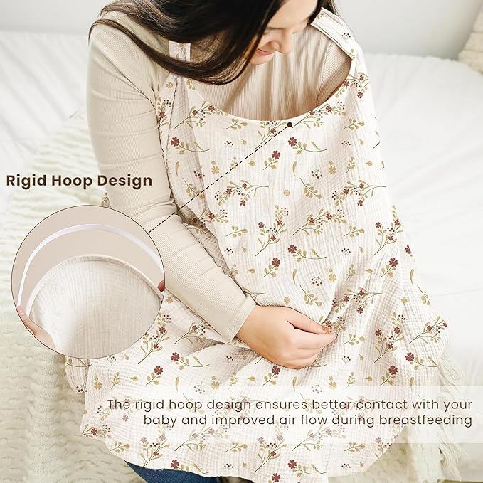 Konssy Muslin Nursing Cover for Baby Breastfeeding, Breathable 100% Cotton Breastfeeding Cover with Rigid Hoop for Mother Nursing Apron, Multi-use Carseat Canopy (Posy)