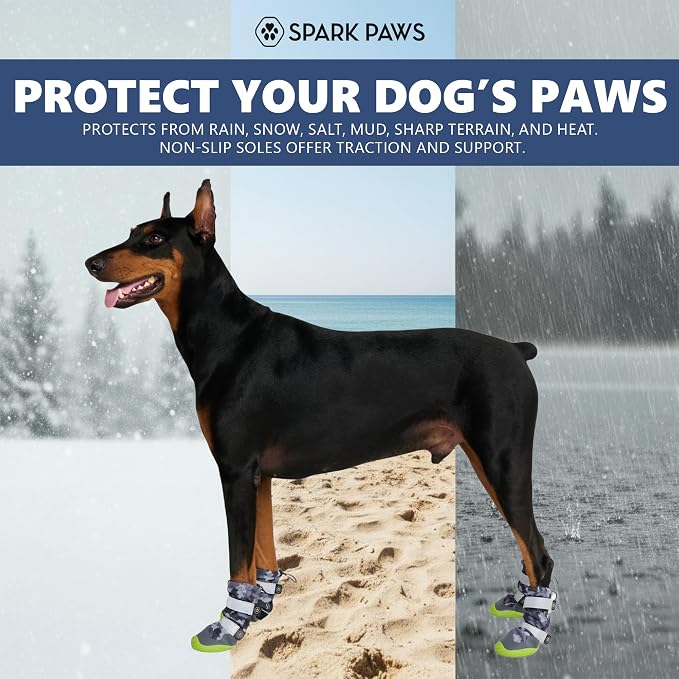 Spark Paws Dog Rainboots, Waterproof Dog Shoes for Medium to Large Dogs, Non Slip, Dog Booties and Paw Protectors - 4PCS Doggie Hiking Boots with Reflective Straps - Gray Camo, Size 1