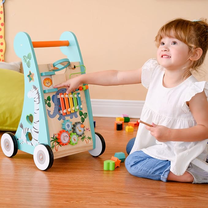 Teamson Kids Preschool Play Lab Wooden Baby Walker and Activity Station, Natural/Blue | Activity Station