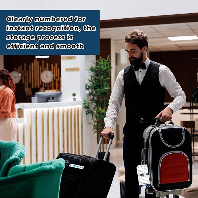 500 Pcs Hotel Luggage Claim Tags 001 to 500 with Strings 4-3/4 x 2-3/8 Inch with 8 Labels & Matching Numbers Durable Paper Baggage Check Tags with Stubs for Hotels Storage and Transport (500)