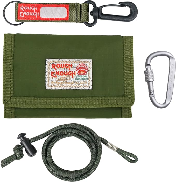 Rough Enough Kids Wallet for Boys Teens with Neck Lanyard Keychain Zipper Coin Pocket Card Holder Army Green Soft Nylon