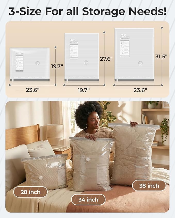 BAGSMART Vacuum Bags for Clothing with Rechargeable Air Pump, Portable Space Saver Bags for Home, Vacuum Compression Seal Bag for Clothing, Blanket, 12 Pack-Gray
