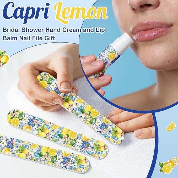 Leelosp 24 Sets Capri Lemon Hand Cream and Lip Balm Nail File Gift Bulk Summer Lemon Party Favors Wedding Favor for Guest Travel Size Hand Lotion Lip Balm Gifts Set Bridal Baby Shower Birthday