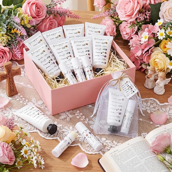48 Sets Christian Graduation Gifts Hand Cream and Lip Balm Bulk Teacher Appreciation Gifts Travel Size for Her Bible Verse Thank You Cards with Organza Bag Tag for Graduation Supplies(Spring)