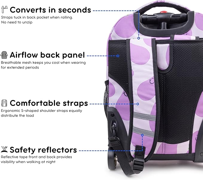 J World Sunrise Kids Rolling Backpack for Girls Boys. Roller Bookbag With Wheels For School, Mr. Eggplant