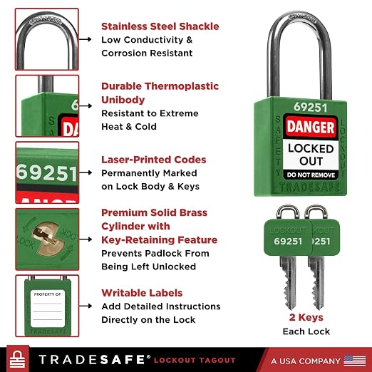 TRADESAFE Lockout Tagout Locks Set - 10 Green Lockout Locks Keyed Different, 2 Keys Per Loto Lock, OSHA Compliant Lock Out Tag Out Padlocks for Electrical Lockout Tag Out Kits