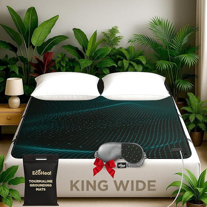 Luxury Tourmaline Grounding Mat for Bed, King Wide 75”x54” – Conductive PU Leather Surface, Quality Certified, Includes Silver Sleep Mask & 15ft Cord