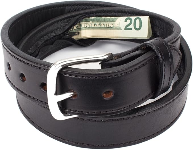 Hidden Money Pocket Travel Leather Belt (Size 42, Black)