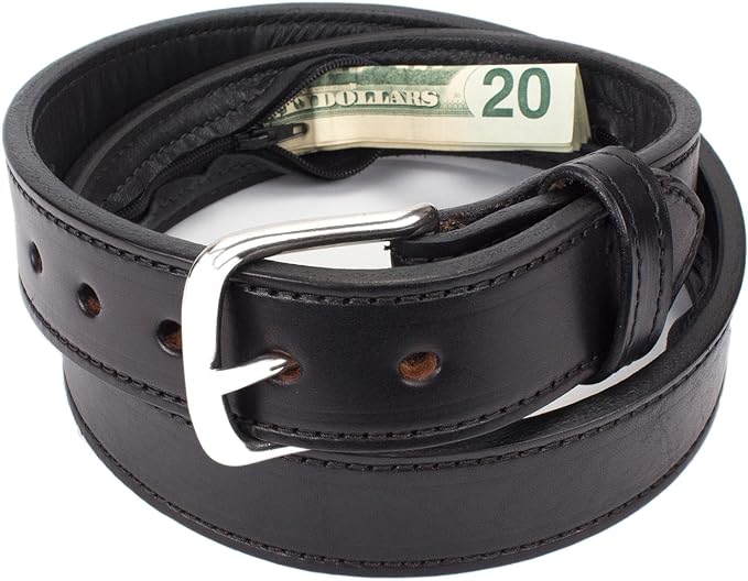 Hidden Money Pocket Travel Leather Belt (Size 56, Black)