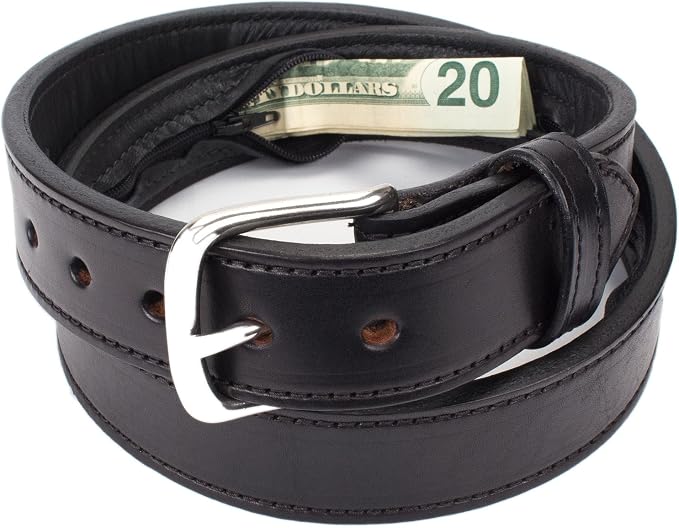 Hidden Money Pocket Travel Leather Belt (Size 44, Black)