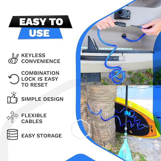 DocksLocks Weatherproof Coiled Security Cable Lock (5ft to 25ft Lengths) with Resettable Combination, Anti-Theft Protection for Kayaks, Bikes, Paddleboards, Scooter, Equipment, Bicycles and More 10ft