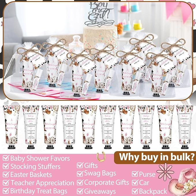 50 Sets A Little Cowgirl Is On The Way 200 Pcs Baby Shower Hand Lotion and Lip Balm Gift Theme Baby Shower Party Favors Travel Size Hand Lotion and Lip Balm Bulk with Organza Bags Tags