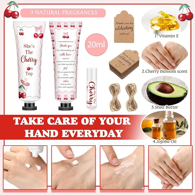 50 Sets 200 Pcs Baby Shower Gifts Bulk Hand Lotion and Lip Balm Party Favors Cherry Theme Travel Size Hand Lotion and Lip Balm with Organza Bags Tags