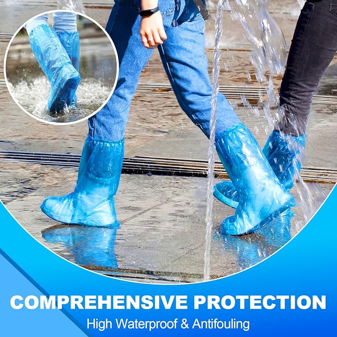 Chicingyou 200 Pack Thick Disposable Boot and Shoe Covers Non Slip Heavy Duty Plastic Shoe Covers 19" Tall for Indoors Outdoor Rain Snow Contractors Plumbers Gardening Work Boots (Blue)