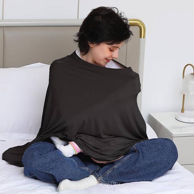 Seejoy Nursing Cover for Breastfeeding, 360°Full Coverage Nursing Poncho, Rayon Soft & Breathable Breastfeeding Cover up (Smooth Rayon, Black)