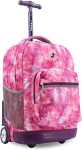 J World Sunrise Kids Rolling Backpack for Girls Boys. Roller Bookbag With Wheels For School, Purple Galaxy