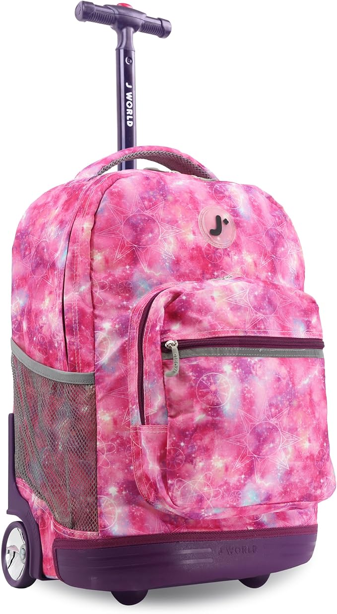 J World Sunrise Kids Rolling Backpack for Girls Boys. Roller Bookbag With Wheels For School, Purple Galaxy