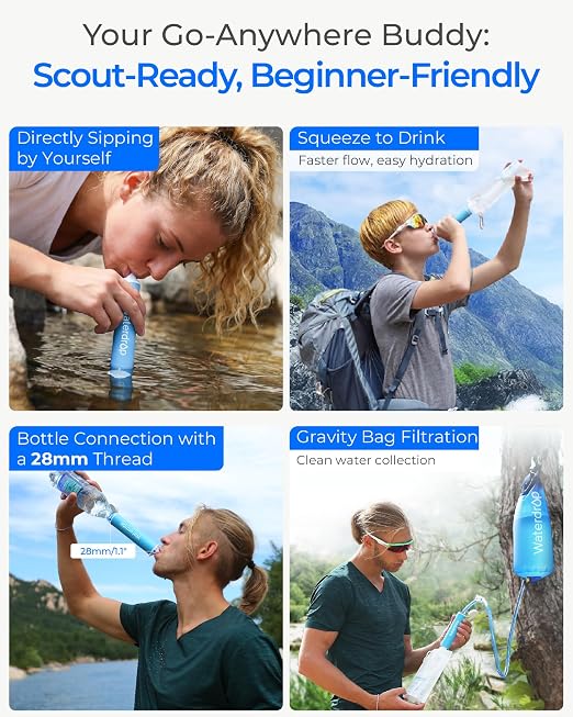 Waterdrop Gravity Water Filter Straw, Camping Water Filtration System, Water Purifier Survival for Travel, Backpacking and Emergency Preparedness, 1.5 gal Bag, 5 Stage Filtration, Pack of 1